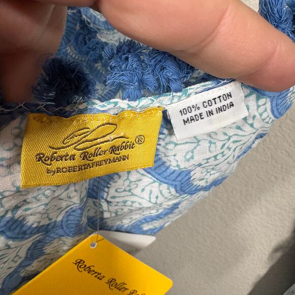 Roberta Roller Rabbit Jemina Pom Pom Scarf Rectangular Blue Floral Cotton - Picture 5 of 6